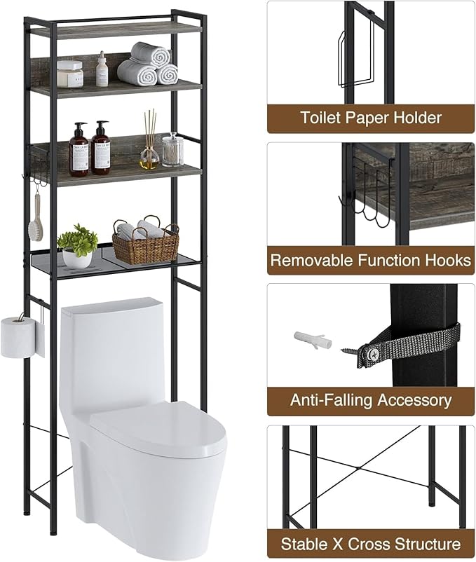 Rolanstar Over The Toilet Storage 4-Tier, Freestanding Bathroom Organizer, Sturdy Behind Toilet Rack with Hooks, Space-Saving Design, Fits Most Toilets, Gray