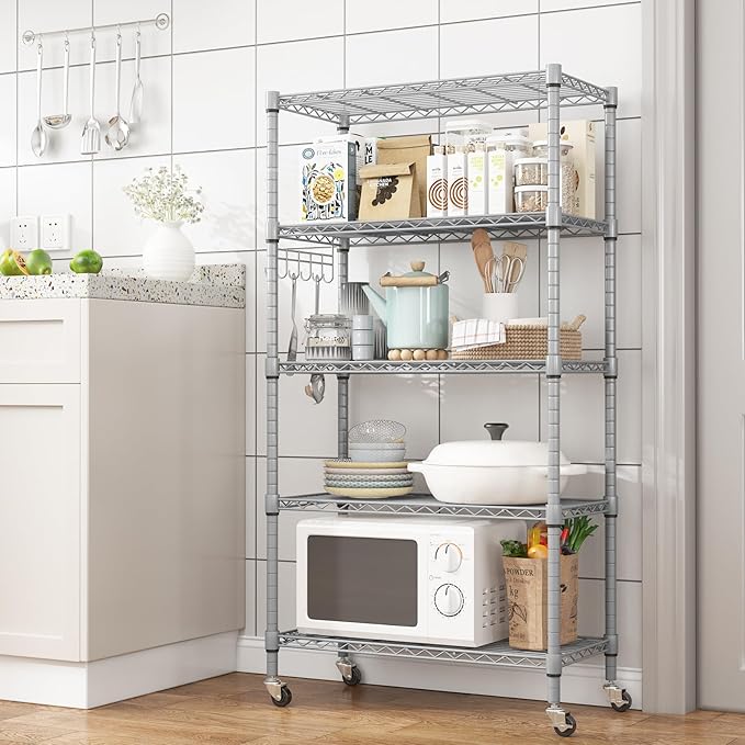 Homdox 5 Tier Adjustable Rolling Storage Shelves, Heavy Duty Wire Racks and Shelving, Metal Shelves for with Side Hooks Pantry Closet Kitchen Garage Organization, Silver Gray