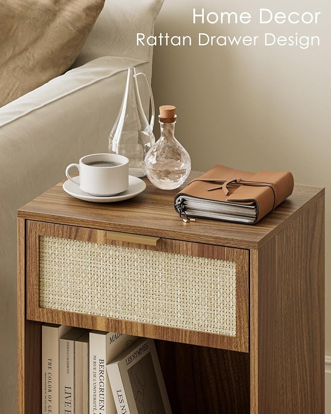 Masupu Rattan Nightstand,Modern Night Stand Boho Farmhouse Wood Bedside Table with Storage Drawer Side End Table for Bedroom,Living Room,Office,Walnut Brown