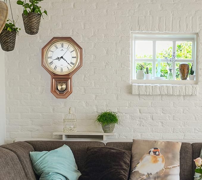 JUSTIME Traditional Schoolhouse Gradient Roman Regulator Wall Clock, Chiming Wall Clocks with Pendulum & Westminster Chime Hourly, Schoolhouse Wall Decor Battery Operated (Vintage Copper)