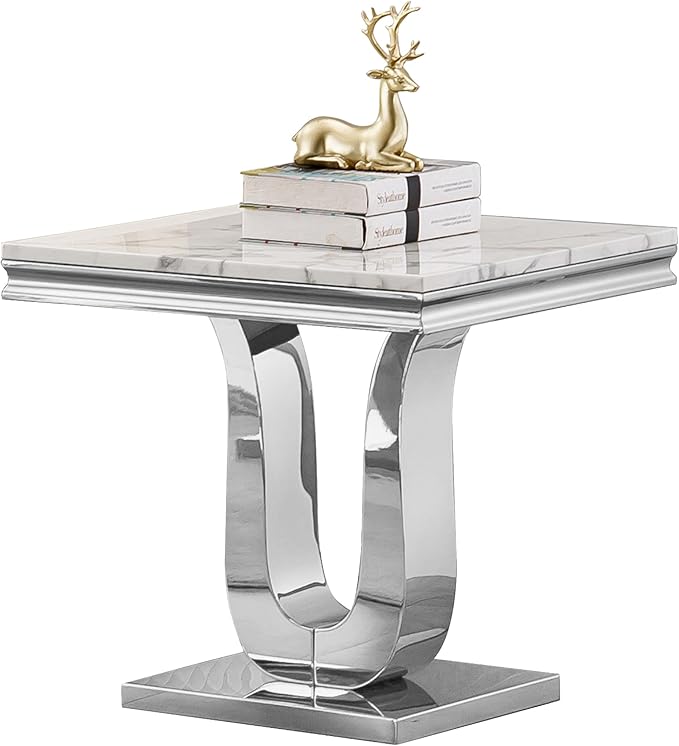 SSLine Modern White Faux Marble End Table Luxury Square Sofa Side Table with Silver Pedestal Base Mid-Century Elegant Bedside Table w/Mirrored Stainless Steel Frame for Living Room Bedroom
