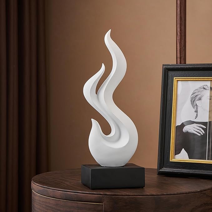 FJS White Decor Abstract Flame Statue, Modern Home Decorations for Living Room Dining Room, Resin Sculptures for Shelf Bookshelf Coffee Table Centerpiece