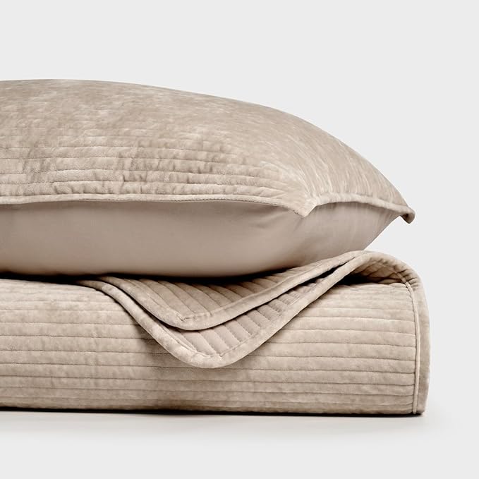 EVERGRACE Velvet Quilt Set King Size, Luxurious Soft Quilted Bedding Sets, Lightweight Velvet Comforter for All Season, Striped Channel Bedspread Coverlet with 2 Shams, Urban Taupe