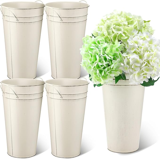 Irenare 12 Inch Vintage Galvanized Flower Bucket Metal Flower Vase Farmhouse French Bucket Planter Metal Floral Container for Party Table Centerpiece Weddings Home(White,4 Pcs)