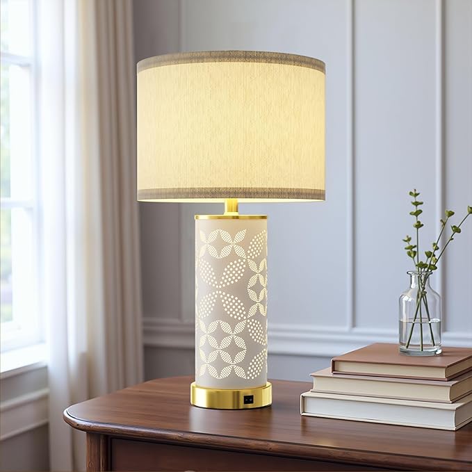 22'' Modern Ceramic Table Lamps Set of 2, Bedside Lamps with Hollow-Out Ceramic Design,USB A+C & 3 Color Temperature, Lamps for Night Stands with Night Light for Living Room and Bedroom(with 2 Bulbs)