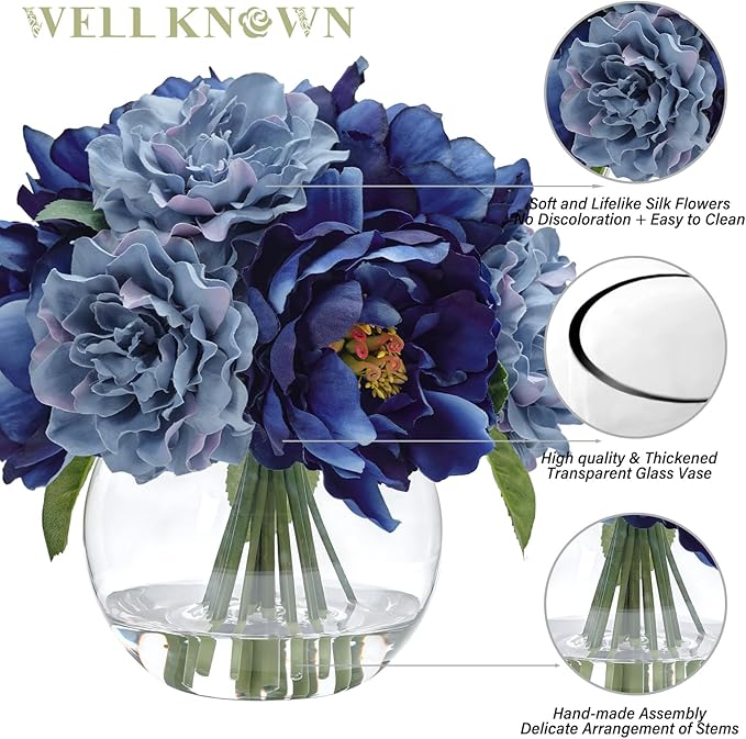WELL KNOWN Artificial Flowers in Vase, Artificial Flowers for vase with Faux Water for Coffee Table Decor, Silk Fake Flower Arrangements Peonies Table Centerpieces (Blue)
