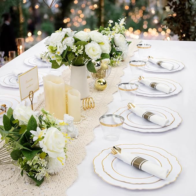 Liacere 350PCS Gold Plastic Plates-Disposable White and Gold Plates 50guest Baroque Plastic Dinnerware include 100Plates, 50Pack Pre Rolled Napkins with Silverware 50Cups for Wedding&Fall Decor