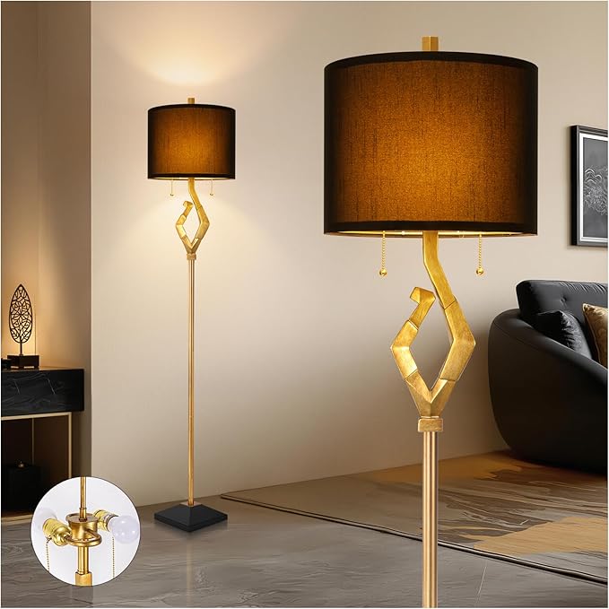 Scenekoy Sculptural 64.5” Floor Lamp for Living Room Bedroom, Gold Leaf Finish & Black Faux Silk Shade, Pull Chains Switch Standing Lamp, Brightness Adjustable Lamp with Bulb Prefer for Home Office
