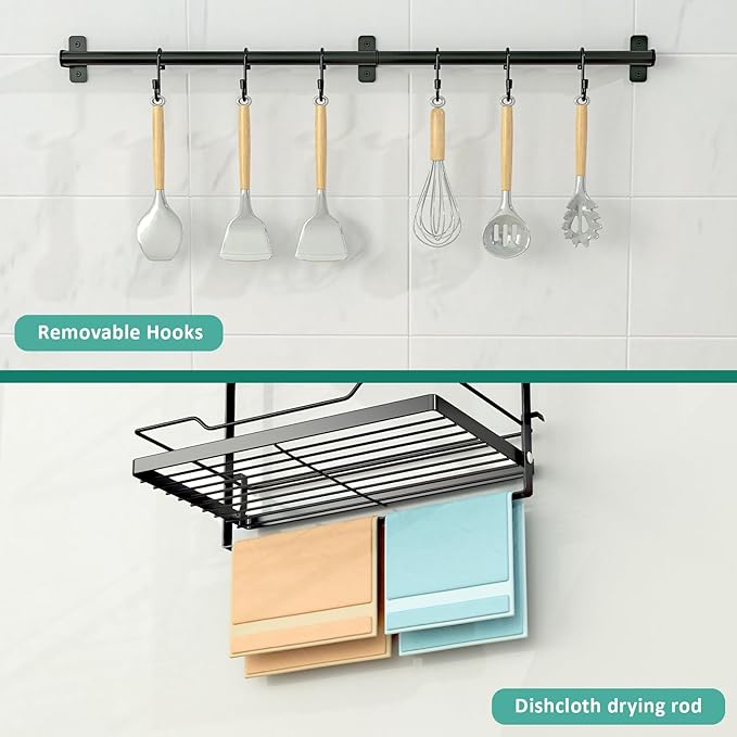 NADAMOO Kitchen Utensil Hanger and Spice Rack with Towel Rack Holder，Wall Mount Space Saving Metal Storage Organizer for Pantry, Countertop, Bathroom