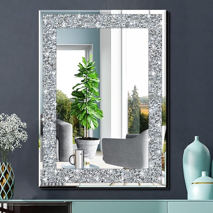 Crystal Crush Diamond Rectangle Silver Mirror for Wall Decoration 20x28inch Wall Hang Frameless Mirror Glass Diamond Decor.