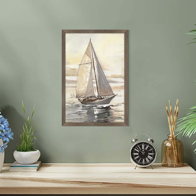 Seascape Sailing Framed Wall Art - Nautical Boat Painting Coastal Sailboat Artwork Sunset Ocean Picture Beach Prints Wooden Decor for Bathroom