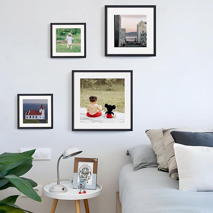 10x10 Picture Frame Set of 2, Solid Oak Wood Frame 10 x 10, 10 by 10 Wood Frames for Wall, 10x10 Picture Frame with Mat for 8x8, Square 10"x10" Photo Frames Real Glass, Black Color, 2 Pack