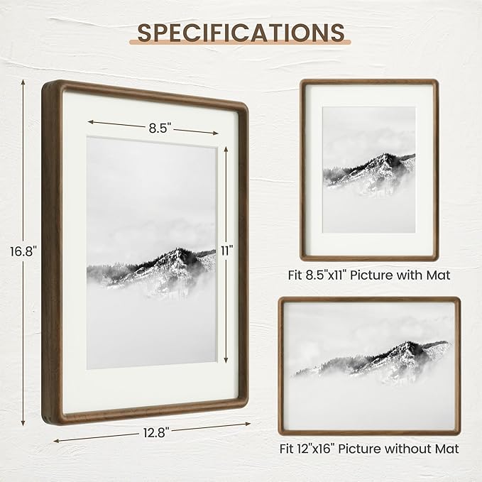 12x16 Picture Frame, Solid Walnut Wood Frame with Real Glass, Hard Wood 12 by 16 Photo Frame for Wall & Tabletop Display, 12x16 Picture Frame Matted to 8.5x11, Natural Walnut Color