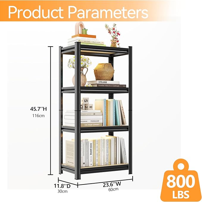 Tall Bookshelf with Open Shelves, Metal and Wood Office Book Shelf, Adjustable Organizer Bookcase, Standing Storage Organizer Shelf for Living Room (23.6" W*11.8" D*45.7" H)