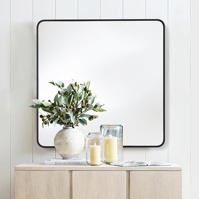 30x30 Inch Rectangle Bathroom Mirror with Black Metal Frame, Rounded Corner Rectangular Vanity Mirror for Wall, Modern Large for Bedroom, Living Room, Horizontal or Vertical