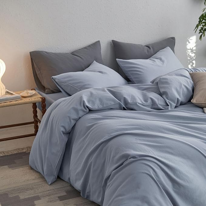 MooMee Twin Duvet Cover Set, 100% Washed Cotton Linen Like Twill Thick Sturdy Material Super Soft Breathable Durable Bedding for All Season, 2 Pieces (Cornflower Blue, Twin 68"x90")
