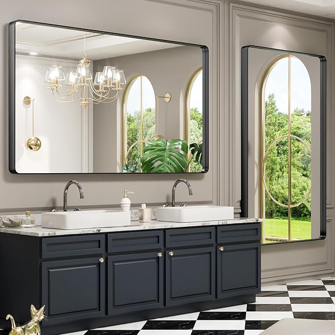 LOAAO Black Metal Framed Bathroom Mirror for Wall, Large 60X36 Inch Rounded Rectangle Mirror, Matte Black Bathroom Vanity Mirror Farmhouse, Anti-Rust, Tempered Glass, Hangs Horizontally or Vertically