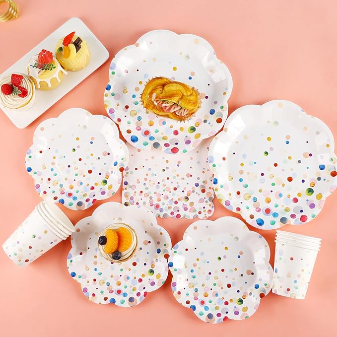 200PCS Confetti Plates Disposable Tableware Set - 50 Large & Small Colorful Polka Dot Plates, 50 Paper Cups, 50 Napkins - Perfect for Birthday Parties