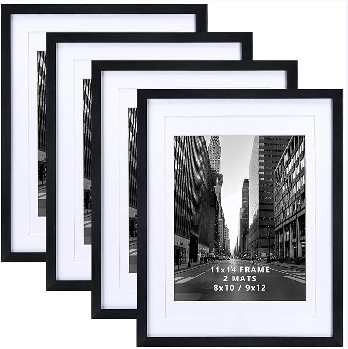 Giftgarden 11x14 Picture Frame Set of 4, Matted to 8x10 or 9x12 Photos with Double Mats, Display 14x11 Poster without Mat, Wall or Tabletop, Black