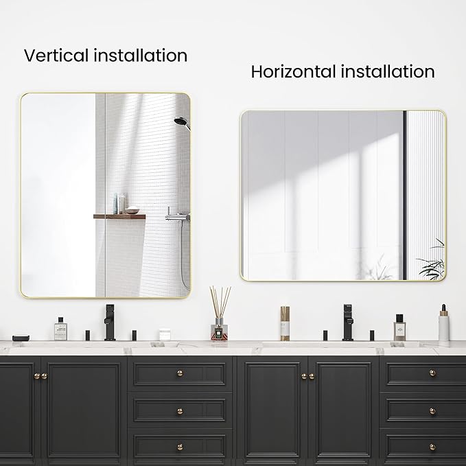 Bathroom Mirror 30x36 inch, Rustproof Aluminum Metal Framed Mirror for Wall, Matte Gold Bathroom Vanity Mirror, Shatterppoof Mirror, Living Room, Hanging or Leaning Horizontal or Vertical