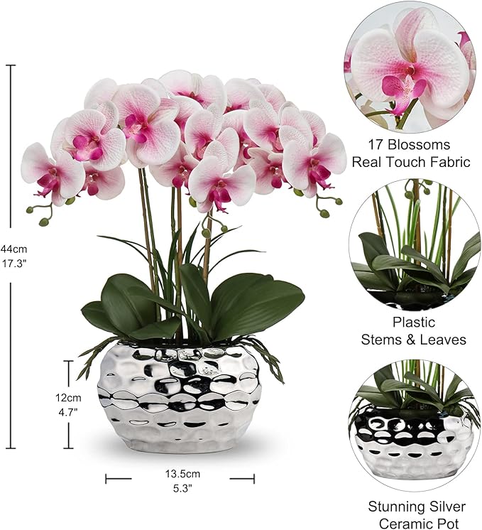 Briful Orchids Artificial Flowers 18" Pink Phalaenopsis Large Orchid Flowers with Silver Ceramic Pots Real Touch Faux Orchid Arrangement for Home Office Bathroom Living Room Table Decoration