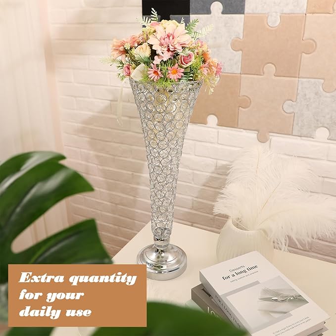 Rtteri 4 Pcs 20 Inch Tall Crystal Vase for Centerpieces Wedding Metal Crystal Trumpet Flower Vase Stand for Table Floor Wedding Party Favor Banquet Celebration, Classic Elegance (Silver)