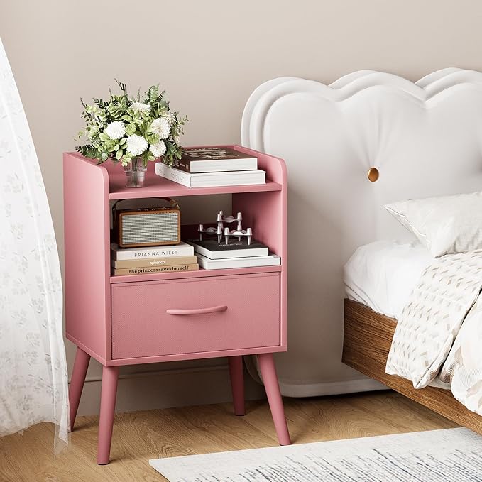 NightStand with Open Shelf,Night Stand with Drawer Storage Side Tables End Table,Bedside Table with Solid Wood Feet,Mid Century Night Stands for Bedroom Sofa Couch Small Spaces (Pink)