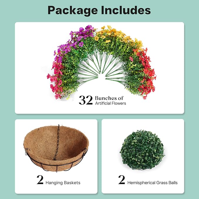 2 Pack Outdoor Artificial Flowers with Hanging Basket, Outdoor Fake Hanging Flowers for Spring Summer Front Porch Patio Yard Garden Home Decor (Red, Purple, Yellow, Hot Pink)