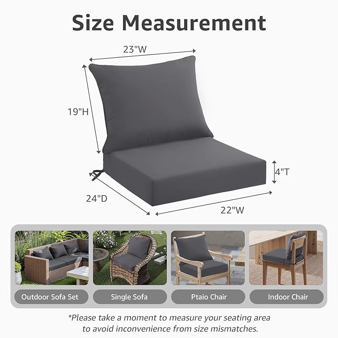 Outdoor Seat Cushion Set 22 x 24 x 4 Inch, Waterproof & Fade Resistant Patio Furniture Cushions with Removable Cover and Ties, Thick Deep Seating Pads for Outside Chair Sofa Couch, Grey