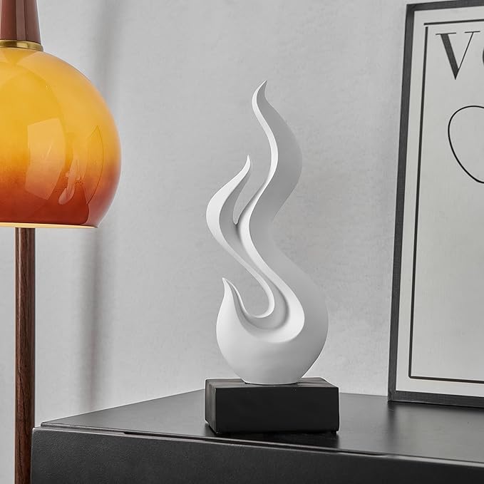 FJS White Decor Abstract Flame Statue, Modern Home Decorations for Living Room Dining Room, Resin Sculptures for Shelf Bookshelf Coffee Table Centerpiece