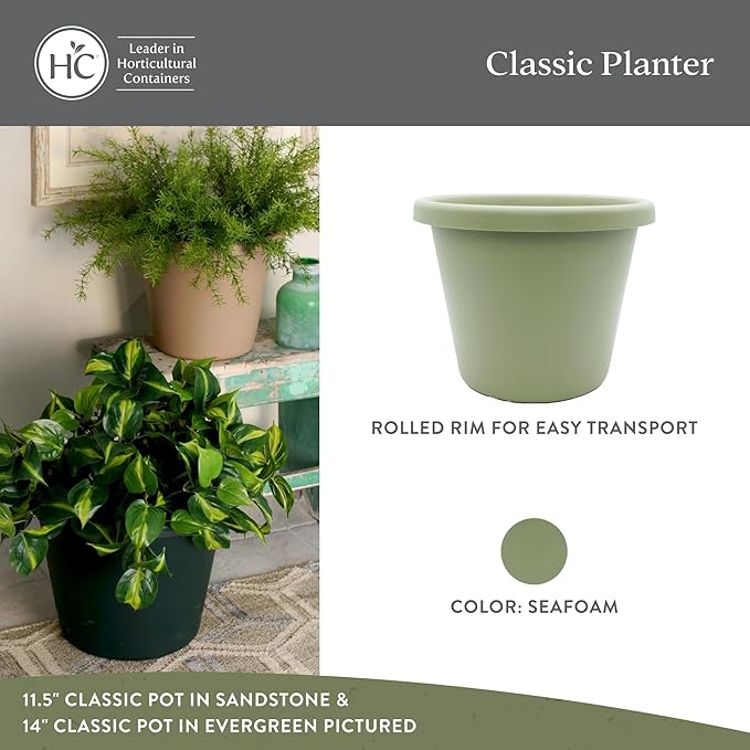 The HC Companies Classic Round Plastic Plant Pot w/Rolled Rim - Lightweight & UV Resistant Flower Pot for Herbs & More - Outdoor & Indoor Plant Pots w/Drainage (14 inch Seafoam, Pack of 2)