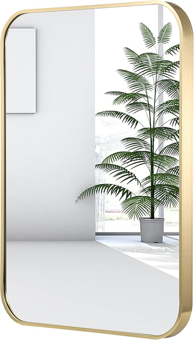 24x36 Inch Gold Bathroom Mirror, Brushed Brass Gold Metal Framed Rectangular Mirror with Rounded Corner, Wall Mounted Vanity Mirror for Bedroom or Living Room, Horizontal/Vertical