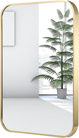24x36 Inch Gold Bathroom Mirror, Brushed Brass Gold Metal Framed Rectangular Mirror with Rounded Corner, Wall Mounted Vanity Mirror for Bedroom or Living Room, Horizontal/Vertical