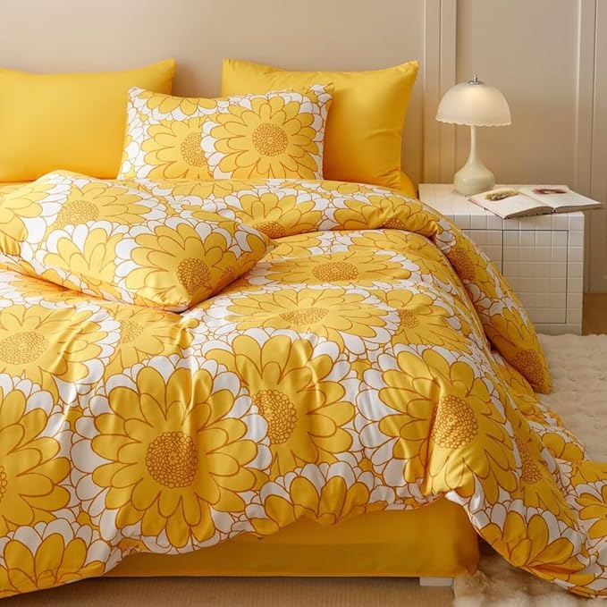 CLOTHKNOW Yellow White Sunflower Twin/Twin XL Comforter Set 3Pcs Floral Bedding Comforter Sets All Season Boho Comforter with 2 x Pillow Cases