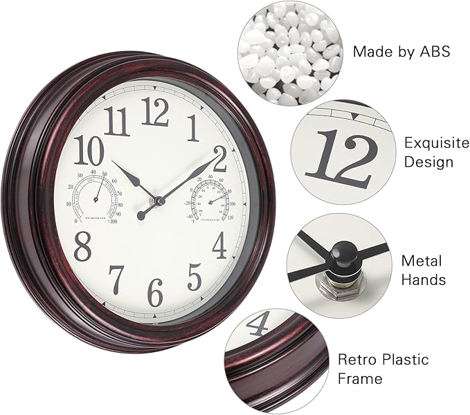 12 inch Outdoor Wall Clock, Plastic Waterproof Outdoor Clocks with Temperature & Humidity, Water Resistant Wall Clock for Patio Garden, Dark Brown