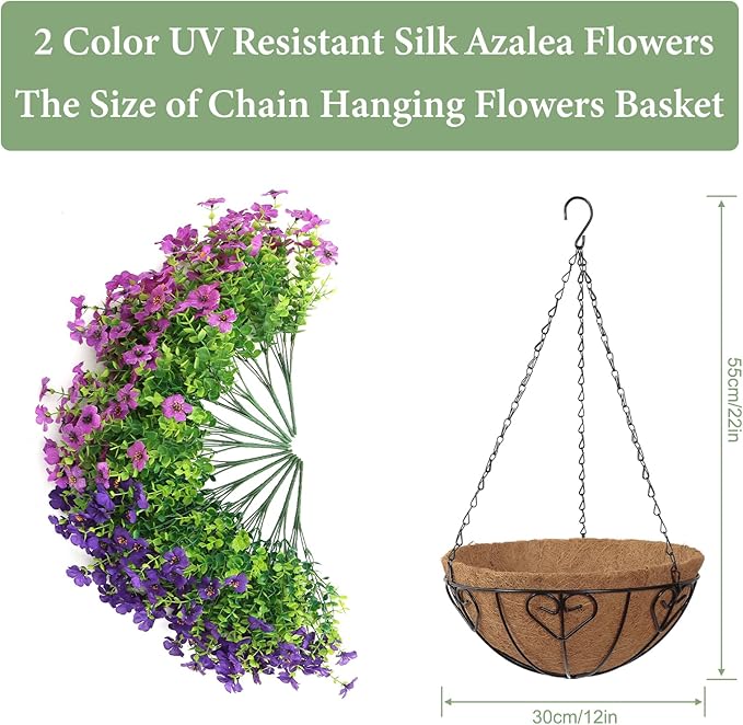 Alynsehom 2 Set Artificial Flowers with Hanging Basket, 2 Outdoor Hanging Plants with 24pcs Faux UV Resistant Fake Silk Azalea in Baskets for Porch Garden Patio Balcony Yard Home Decor(Mix Purple)
