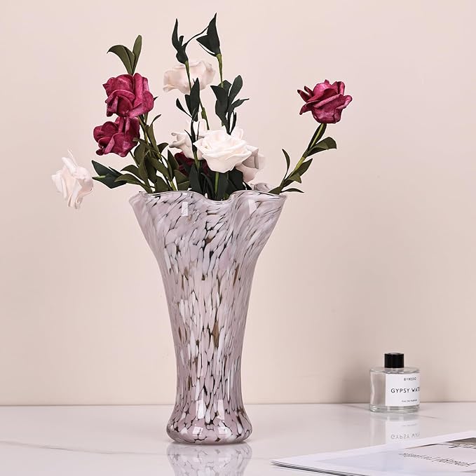 9.0" H Pink Glass Vases for Flowers, Unique Hand Blown Glass Vase Pink Home Decor, Wide Mouth Colorful Flower Vase Centerpieces, for Living Room Table Bookshelf, Bathroom Office Shelf Decorative