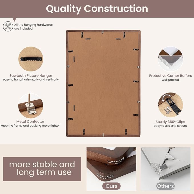 24x36 Poster Frame - Solid Walnut Wood 24 x 36 Picture Frame, 24x36 Poster Frame With Mat For 20x30, Tempered Glass and Hanging Hardware Included, 36 By 24 Photo Frame Wood, Natural Walnut