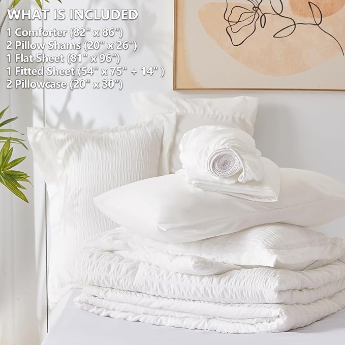 CozyLux Full Size Comforter Sets with Sheets 7 Pieces, White Seersucker Bed in a Bag Textured Luxury Soft Bedding Set with Down Alternative Comforter, Sheets, Pillowcases & Shams for All Seasons