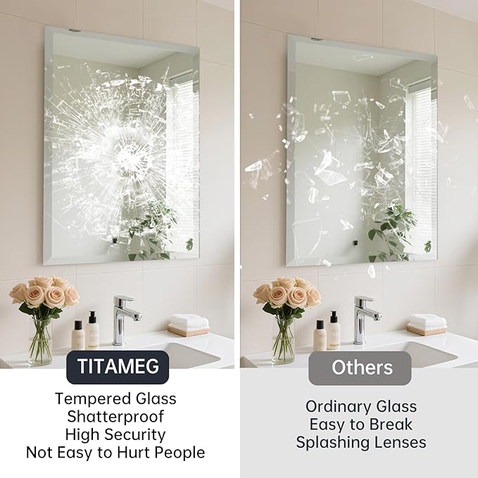 24x36 Inch Frameless Wall Mirror with 1" Beveled Edge, Frameless Rectangle Mirror for Bathroom, Vanity, Living Room