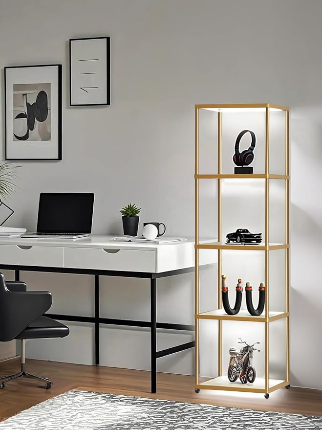 MANBUR Display Shelf with Dimmable LED Floor Lamp, Display Cabinet with Glass Bookcase, Home Decor, Bedroom Decor, Bookshelf with Light, Open Book Shelf with 5-Tier Shelf for Living Room Decor Gold