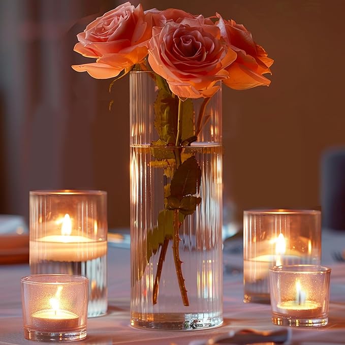 ComSaf Glass Cylinder Vases Pack of 12, Clear Ribbed Bud Vases for Centerpieces Weeding Decoration, 4 inch 6 Inch 10 Inch Tall Clear Flower Vases in Bulk, Hurricane Candle Holder for Party Home Decor