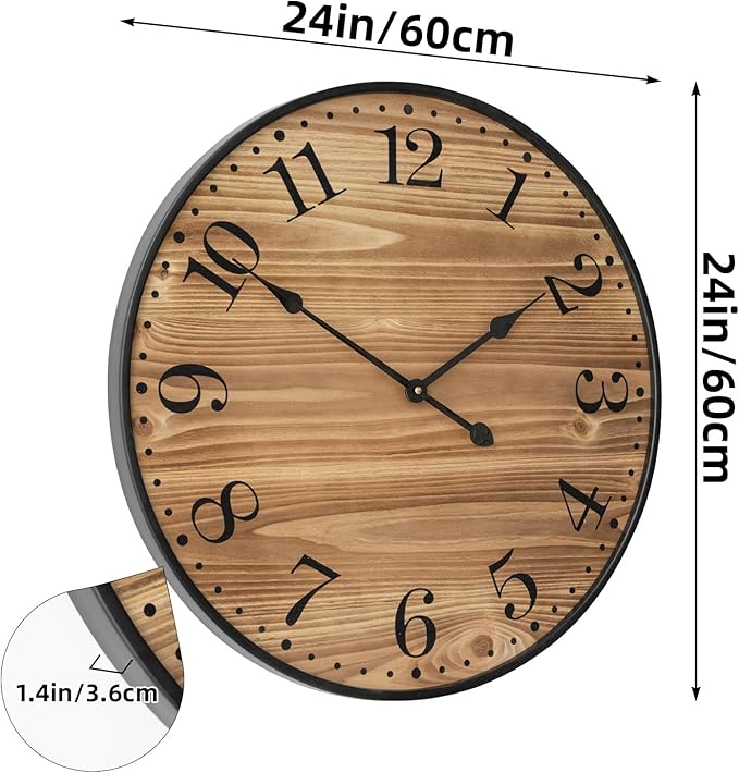 Rustic Farmhouse Wall Clocks for Living Room Decor, Large 24 inch Wall Clock with Dark Brown Wooden Face and Black Metal Frame, Silent Battery Operated for Kitchen Bedroom Entryway
