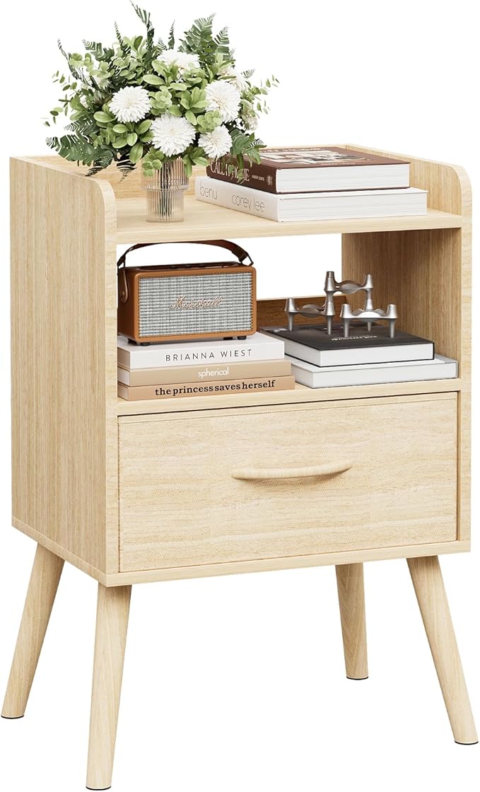 NightStand with Open Shelf,Night Stand with Drawer Storage Side Tables End Table,Bedside Table with Solid Wood Feet,Mid Century Night Stands for Bedroom Sofa Couch Small Spaces (Natural)