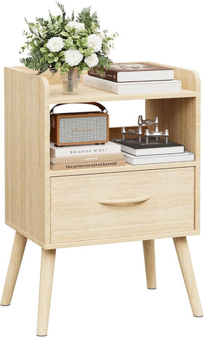 NightStand with Open Shelf,Night Stand with Drawer Storage Side Tables End Table,Bedside Table with Solid Wood Feet,Mid Century Night Stands for Bedroom Sofa Couch Small Spaces (Natural)