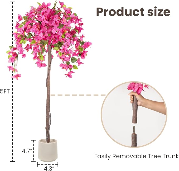Romantic Season 5FT Artificial Bougainvillea Tree, Faux Silk Bougainvillea Plant with Pot for Indoor Outdoor Decor, Tall Fake Tropical Tree for Home, Office, Patio, Balcony, Wedding Decoration