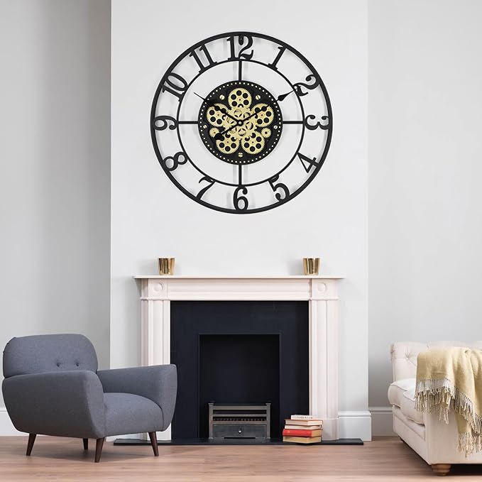 24 Inch Large Wall Clocks for Living Room Decor with Moving Gears,Large Wall Clock Industrial Steampunk,Oversized Metal Analog Wall Clocks for Farmhouse Home Battery Operated