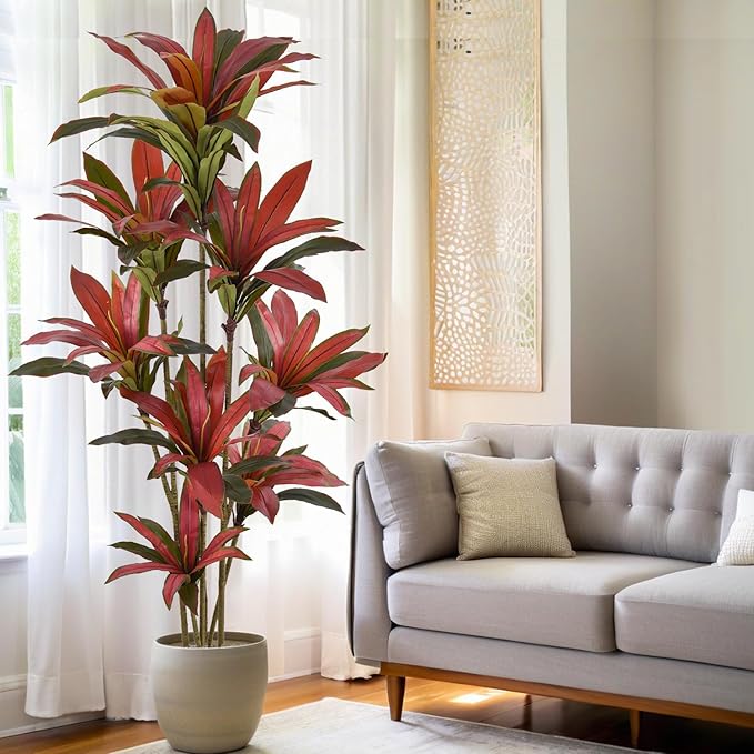 Artificial Dracaena Tree 7ft(84in) Tall Large Faux Silk Plants with Realistic Trunks and Red Leaves, Fake Floor Potted Artificial Plants for Home Office Indoor Decor (7feet,1Pack)