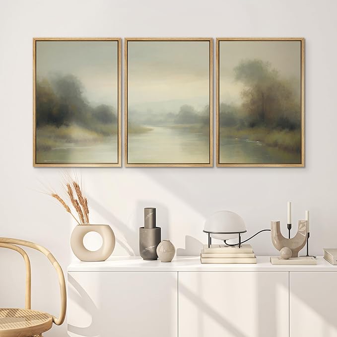 SIGNWIN Framed Wall Art Print Set Misty River Landscape Soft Neutral Nature Scene Photography Modern Art Closeup Relax/Calm Dark for Living Room, Bedroom, Office - 24"x36"x3 Natural