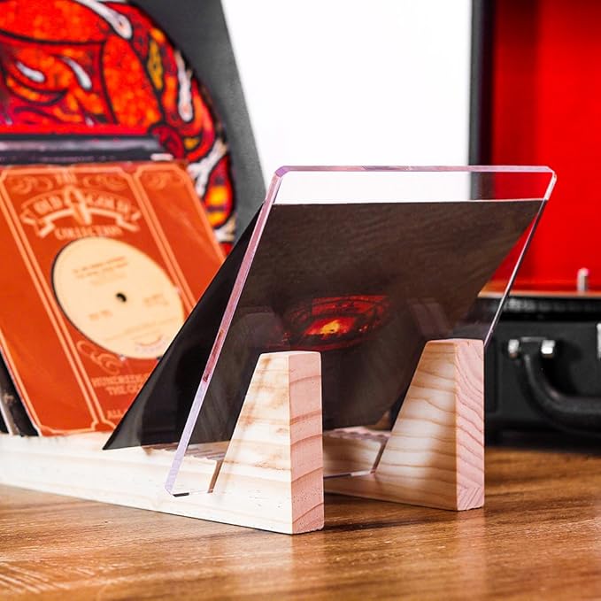 KAIU Vinyl Record Storage Holder - Solid Wood with Crystal Clear Acrylic Holder - Premium Design, Perfect 12" LPs or 7" Singles Display Unit - Stores and Supports up to 50 Albums (Natural)
